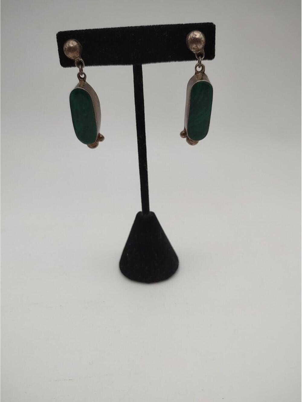 Vtg Taxco Mexico 925 Sterling Malachite Dangle Post Earrings